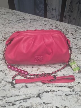 Badgley Mischka Fuchsia Gathered Crossbody with Chain and Bead Strap